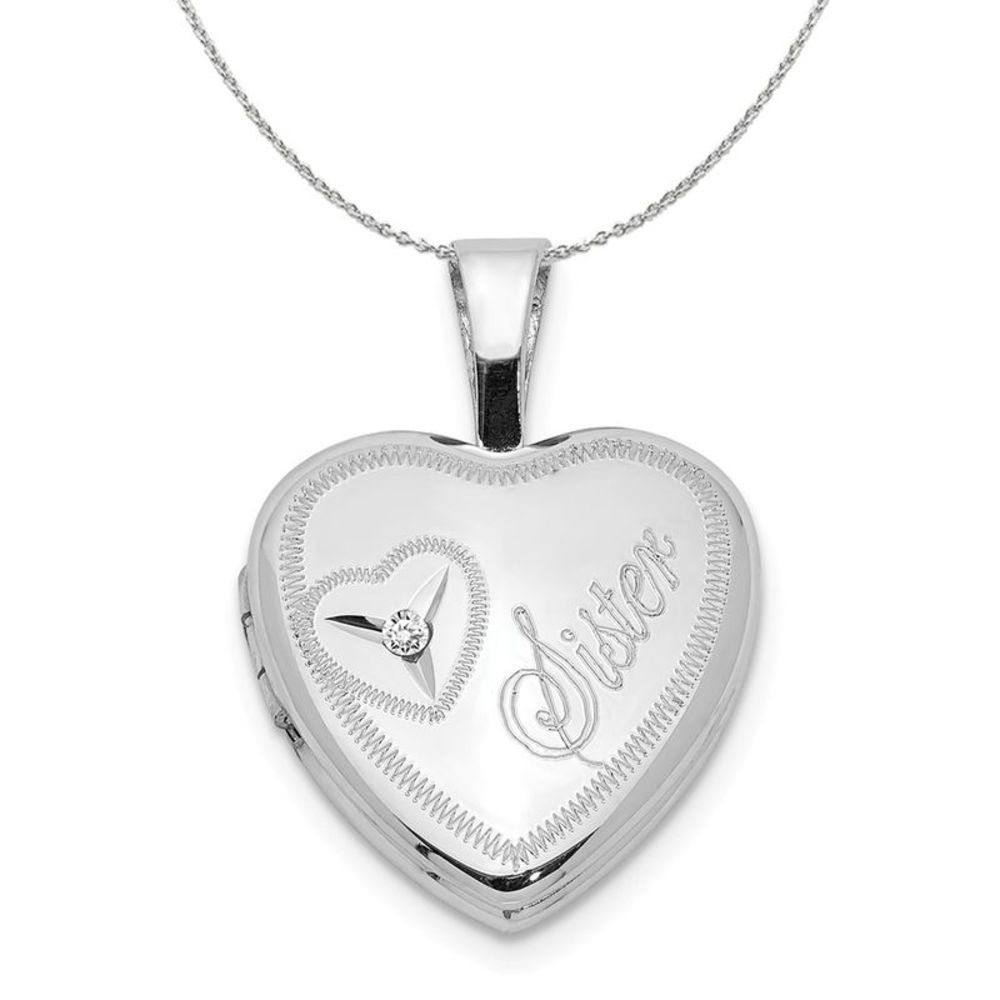 12mm Sister Diamond Heart Locket in Sterling Silver Necklace - 16 inch